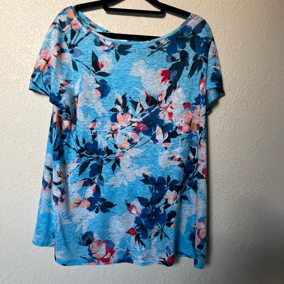J.Jill Love Linen Blue Floral Print Top Cap Sleeve Sz M - Picture 2 of 5